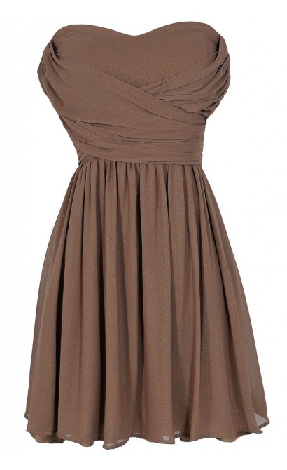 Dress To Impress Strapless Chiffon Dress in Mocha Shimmer